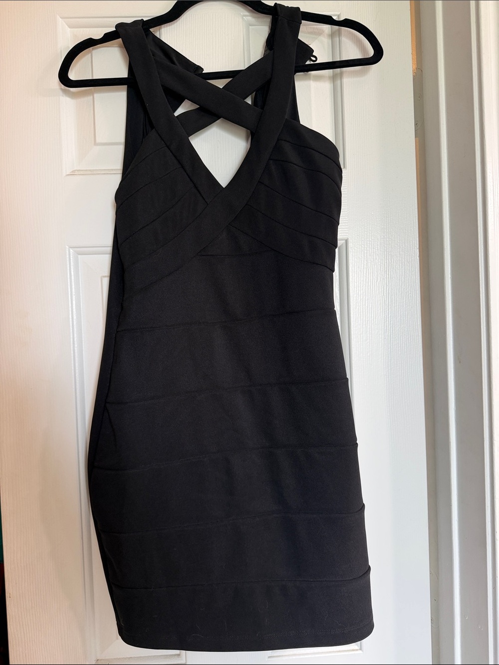 Crystal Doll Black One-Shoulder Bandage Dress with Crisscross Back